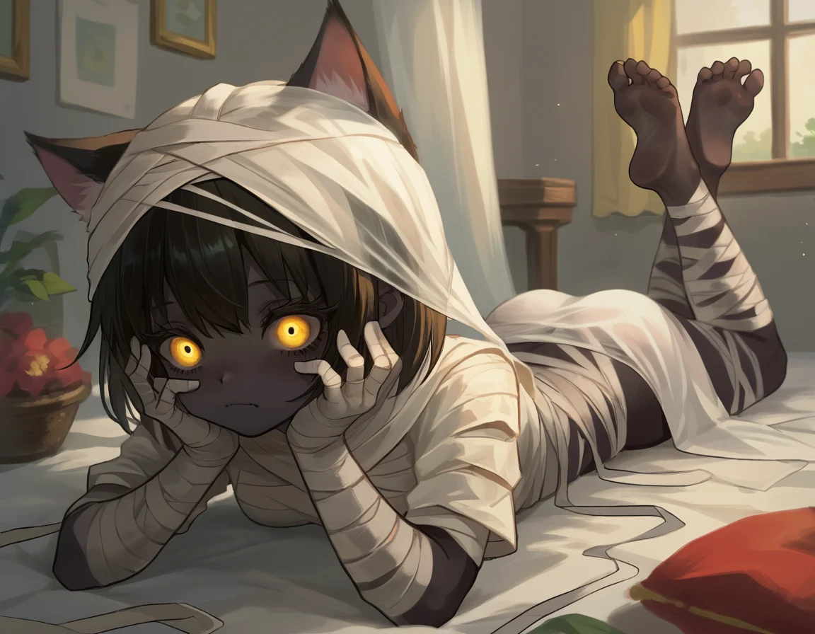 score_9, score_8, score_7_up, 1girl, mummy, solo, cloth, neco, meow, laying on stomach, feet, yellow eyes, black skin, hands on face, <lora:eveyuno:0.8>