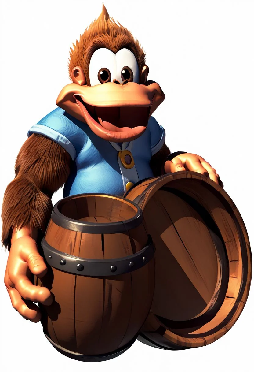 (source_furry, source_cartoon, score_9, score_8_up, score_7_up:1), solo male, kiddy kong, smile, open mouth, looking at viewer, holding a barrel, 3d, simple background, white background