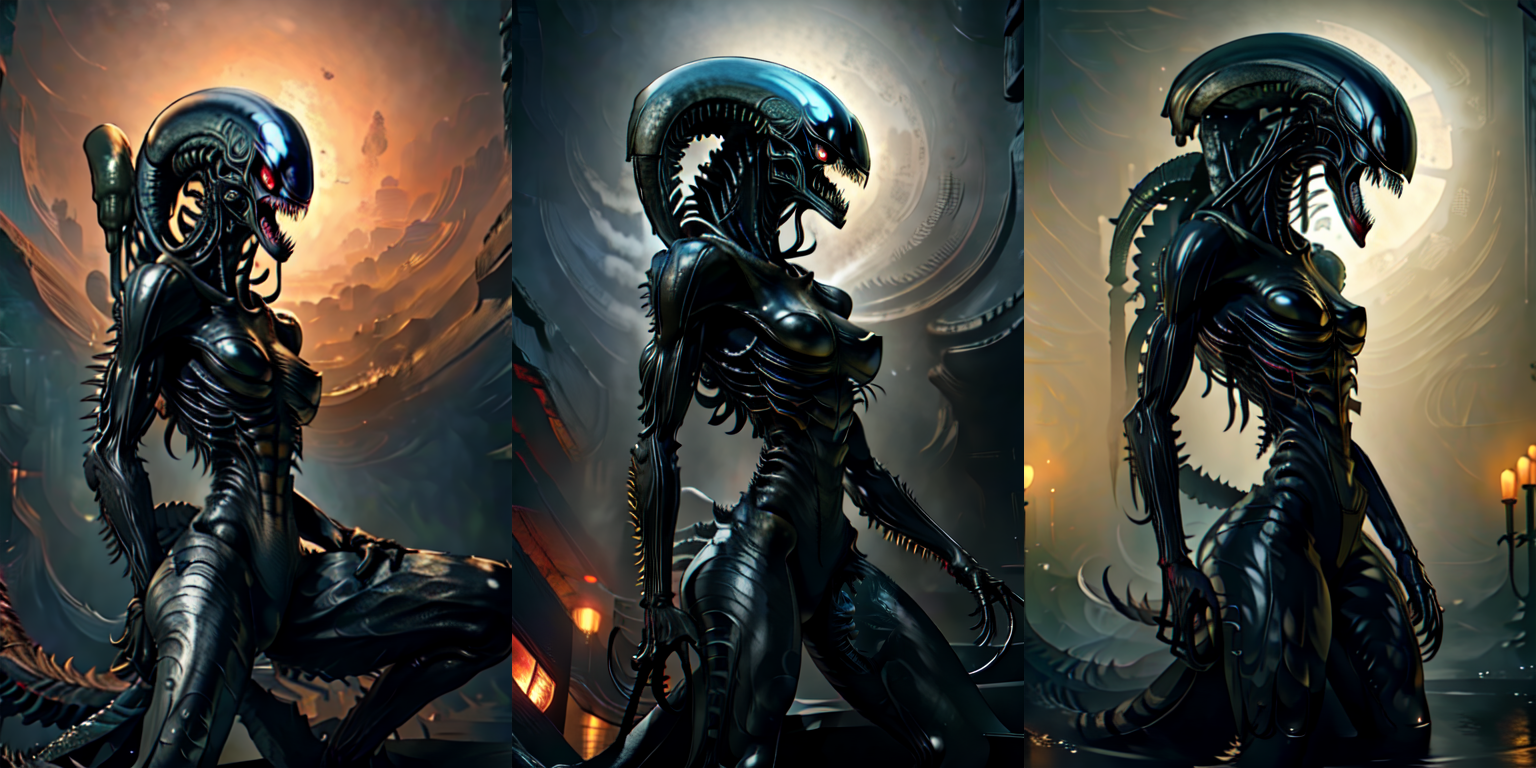(otherworldly), highly insanely detailed, masterpiece, top quality, best quality, highres, 4k, 8k, RAW photo, (very aesthetic, beautiful and aesthetic), 
__lazy-wildcards/cosplay-char/alien-predator/xenomorph/prompts__, 
<lora:FemXeno:1>, 
(1girl:1.3), eyes focus, 
__lazy-wildcards/dataset/background__,âââ