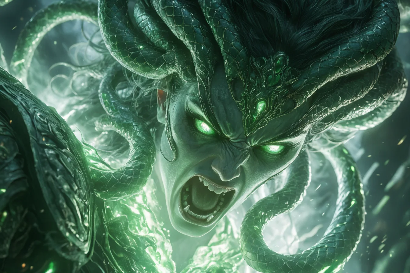 a cinematic close up shot of female Medusa god of snakes, green fire all around her, glowing snakes as hair, screaming angry, wearing ancient clothes and robes, glowing eyes, standing in an anicent city, insane details, super realistic ,hkgod, masterpiece, best quality, highly detailed, sharp focus, dynamic lighting