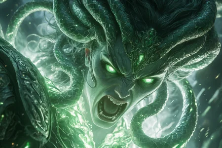 a cinematic close up shot of female Medusa god of snakes, green fire all around her, glowing snakes as hair, screaming angry, wearing ancient clothes and robes, glowing eyes, standing in an anicent city, insane details, super realistic ,hkgod, masterpiece, best quality, highly detailed, sharp focus, dynamic lighting