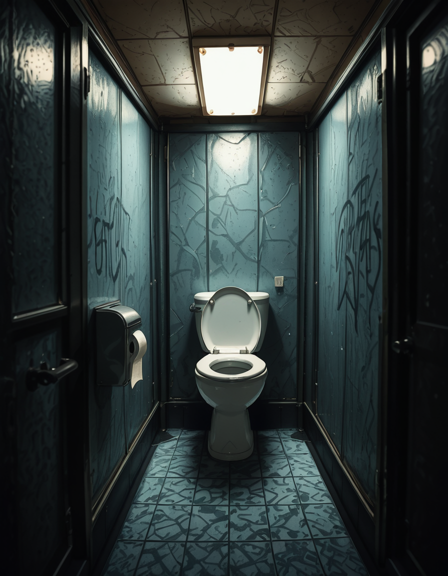 A highly realistic, detailed photograph of a public restroom stall from a human eye-level perspective. The stall is constructed with dull, light gray metal partitions showing subtle scratches and wear from years of use. The door is slightly ajar, with a simple metal latch and a small gap visible at the bottom and top of the door. Inside the stall, there is a standard white ceramic toilet with a chrome flush handle, positioned against a wall of white, slightly aged subway tiles. The floor is covered with small, dark gray hexagonal tiles, with faint reflections from the overhead fluorescent lighting. A single toilet paper dispenser made of stainless steel is mounted to the side wall, partially filled, with a torn sheet hanging loosely. The lighting is cool and sterile, casting soft shadows and emphasizing the slightly utilitarian, worn-out atmosphere of the space. Subtle details like faint graffiti scratched into the partition, a discarded paper towel near the floor, and small water stains near the base of the toilet contribute to the realistic, everyday public restroom feel. The photo is sharp, with a neutral color palette and an urban documentary style.
 <lora:SDXLFaeTastic2400:0.4> <lora:extremely_detailed:0.4> extremely detailed,<lora:public_restroom_st4ll_r2:1>,public restroom st4ll, Masterpiece,best quality,hi res,8k,hi res,8k,award winning,(sharp focus, intricate, highly detailed),