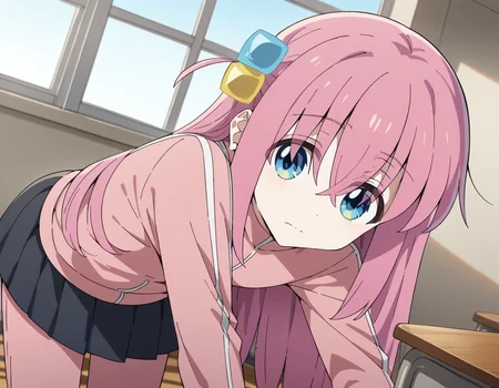 score_9, score_8_up, score_7_up, source_anime,
hitorigotou, <lora:hitori-gotou-s1-ponyxl-lora-nochekaiser:1>,
hitori gotou, blue eyes, cube hair ornament, hair between eyes, hair ornament, pink hair, one side up, long hair,
black skirt, jacket, long sleeves, pants, pants under skirt, pink jacket, pink pants, pleated skirt, skirt, track jacket, track pants, track suit,
indoors, classroom, bent over,
cowboy shot, solo, dutch angle, looking at viewer,