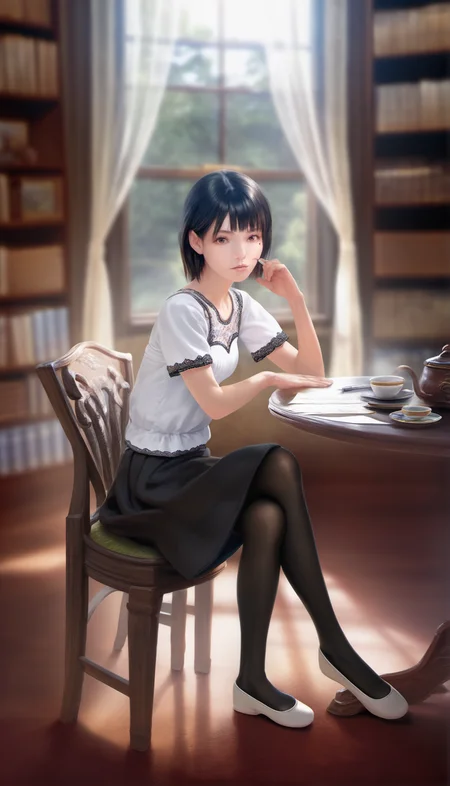 score_9,score_8_up,score_7_up,<lora:ChisatoShinjo:1>,
chisatoshinjo,
photorealism,
1girl,solo,black hair,short hair,bangs,brown eyes,beauty mark,looking at viewer,parted lips,white blouse with lace details,black skirt,black pantyhose,white flat shoes,full body,sitting on a wooden chair,crossed legs,blurry background,indoors,living room,vintage room,at a round wooden table,cup of tea,papers,pen,bookshelf,window,sunlight through window,curtains,warm cozy atmosphere,