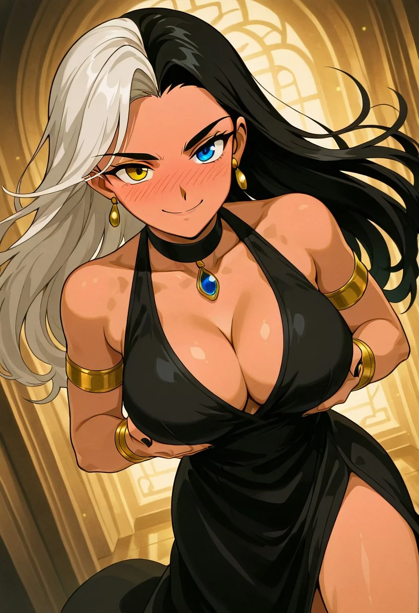KalystrixOC, 1girl, solo, tanned  skin, tall woman, long hair, two-tone hair, split color hair, left side white, right side black, floating hair, heterochromia, sharp eyes, left eye violet, right eye gold, gold earrings, full lips, choker, blue pendant with gold frame, large breast, cleavage, black long dress, slit dress, backless dress, draped dress, gold bracelets, gold armbands, bare shoulders, tribal tattoo on left leg, barefoot, mystical aura, black nail polish, jewelry,
masterpiece, best quality, fine details, intricate details, depth of field, subsurface scattering, bokeh, ultra-detailed, very aesthetic, detailed background, newest, scenery, highres, absurdres, colorful, vibrant, glowing, perfect face, 2d, perfect eyes,  vibrant saturated colors, volumetric lighting, sharp, detailed eyes, perfect anatomy,  perfect face, perfect eyes, mature body, clear eyes, beautiful eyes, athletic, curvy body, athletic girl, perky tits, perfect tits, round breasts, pinup pose, teasing, lustful expression, perfect hands, 
muscular female, dutch angle,  dynamic pose,
cover page, foreshortening, expressive cute face, blushing, one eye closed, closeup, smile, large breasts, (lifting breasts:2), plum breasts, cowboy shot, full-face blush,
,Smooth Negative, Smooth_Quality,
90s_anime_aesthetic, 1990s (style), retro, retro artstyle