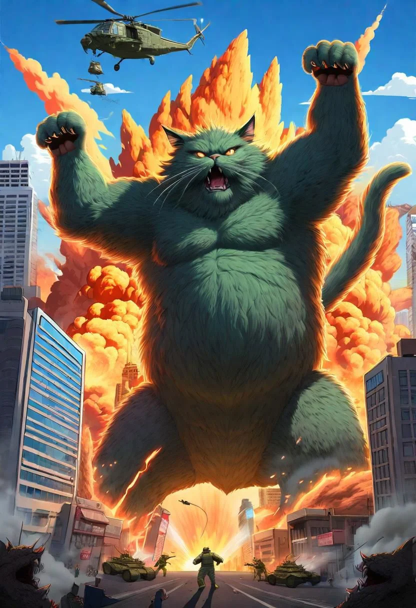 fluffy cat as a giant monster, huge, attacking a city, fires in the foreground, helicopters shooting at it, tanks, destroyed city, [Godzilla style], highly detailed, Todd Macfarlane art style, lines, shading, Monster Movie Poster, 8K art piece, perfect lines, < KATZILLA >