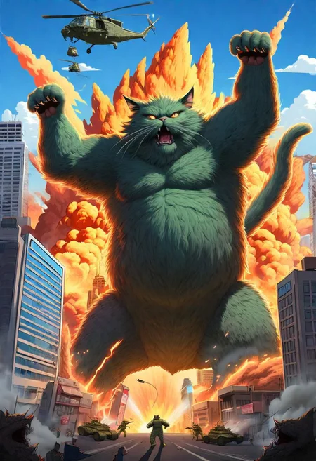 fluffy cat as a giant monster, huge, attacking a city, fires in the foreground, helicopters shooting at it, tanks, destroyed city, [Godzilla style], highly detailed, Todd Macfarlane art style, lines, shading, Monster Movie Poster, 8K art piece, perfect lines, < KATZILLA >