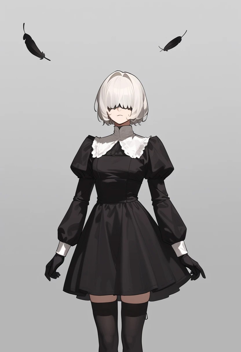 masterpiece, best quality, white blindfold, covered eyes, mole under mouth, clothing cutout, long sleeves, puffy sleeves, juliet sleeves, feather trim, black thighhighs, black gloves, black dress, black skirt,  <lora:Abbystea_Style_LoRA_XL:1>, abbystea style