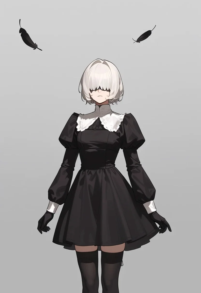 masterpiece, best quality, white blindfold, covered eyes, mole under mouth, clothing cutout, long sleeves, puffy sleeves, juliet sleeves, feather trim, black thighhighs, black gloves, black dress, black skirt, <lora:Abbystea_Style_LoRA_XL:1>, abbystea style