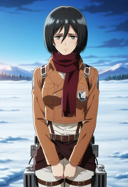 masterpiece, best quality, , anime screencap, anime coloring, official style, looking at viewer, , 1girl, solo, <lora:mikasa_ackerman_ilxl:1>, mikasa_ackerman, black hair, black eyes, hair between eyes, short hair, , three-dimensional maneuver gear, upper body, snowy field, dawn, legs together, sad,