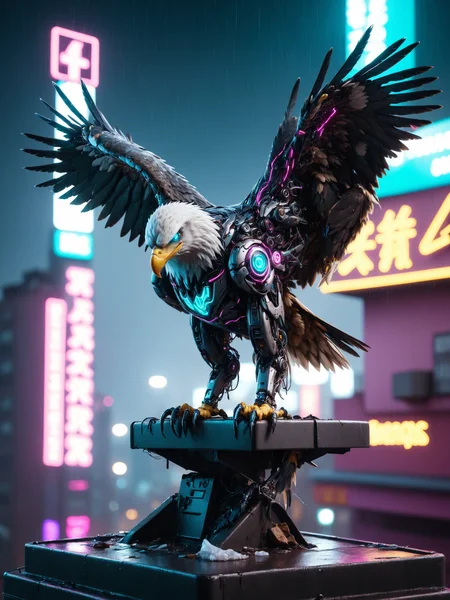 mad-cybrnmls eagle perched on top neon sign on a roof above a busy cyberpunk city, neon lights, (night:1.4), rain, puddle, (garbage:1.3), dynamic pose, cinematic shot, teal, magenta, yellow, deep shadows <lora:Neon_Cyberpunk_Cyberanimal_SDXL_v2:0.8> sharp, raw photo, film grain, Fujifilm XT3, (photorealistic, realistic:1.2), deep shadow, 8k, uhd, dslr, ultra high res