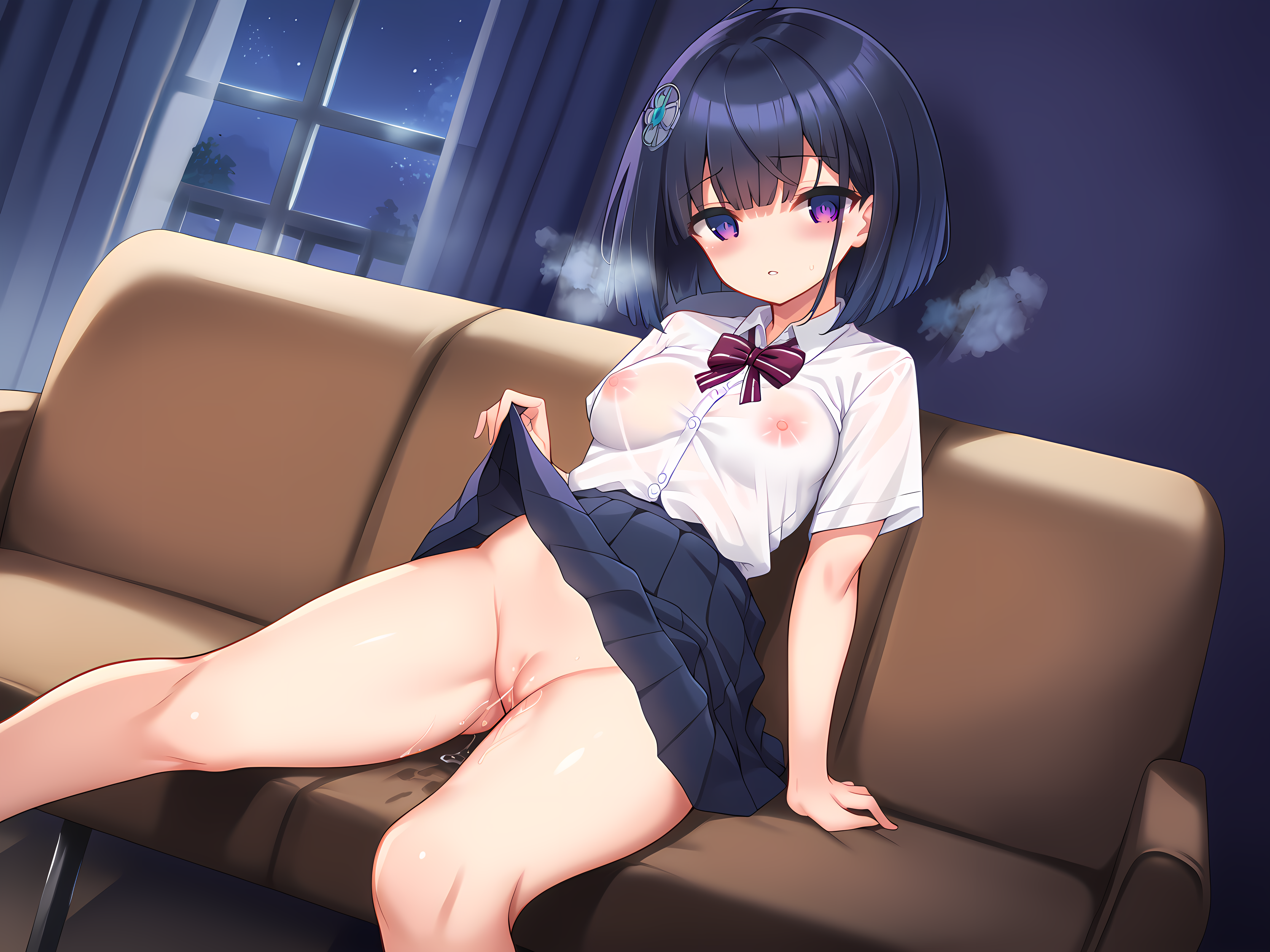 shimo,shizuha,medium breasts,skirt lift,lifted by self,see-through shirt,no panties,head on hand,short hair,black hair,purple eyes,multicolored eyes,school uniform,sitting,couch,indoors,living room,window,curtains,dark room,heavy breathing,blush,<lora:Selenoxia_-_Shizuha_-_Shimobashira_Workshop:0.9>,pussy juice,night sky,night,dark room,parted lips,barefoot,, score_9, score_8_up, score_7_up,source_anime,(masterpiece),(best quality),(ultra-detailed),(best illustration),(best shadow),(absurdres),(detailed background),(very aesthetic),source_anime