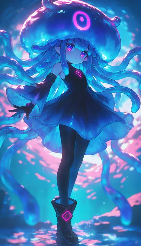 REMEMX,
1girl,jellyfish,solo,long hair,gloves,pantyhose,blue hair,detached sleeves,dress,looking at viewer,black gloves,very long hair,tentacle hair,closed mouth,black pantyhose,underwater,pink eyes,boots,wide sleeves,bare shoulders,black footwear,sleeveless,purple eyes,long sleeves,
masterpiece,best quality,amazing quality,very aesthetic,absurdres,best quality,newest,
masterpiece,best quality,amazing quality,very aesthetic,absurdres,best quality,newest,outdoors,<lora:REMEMXv1-000008:1>,