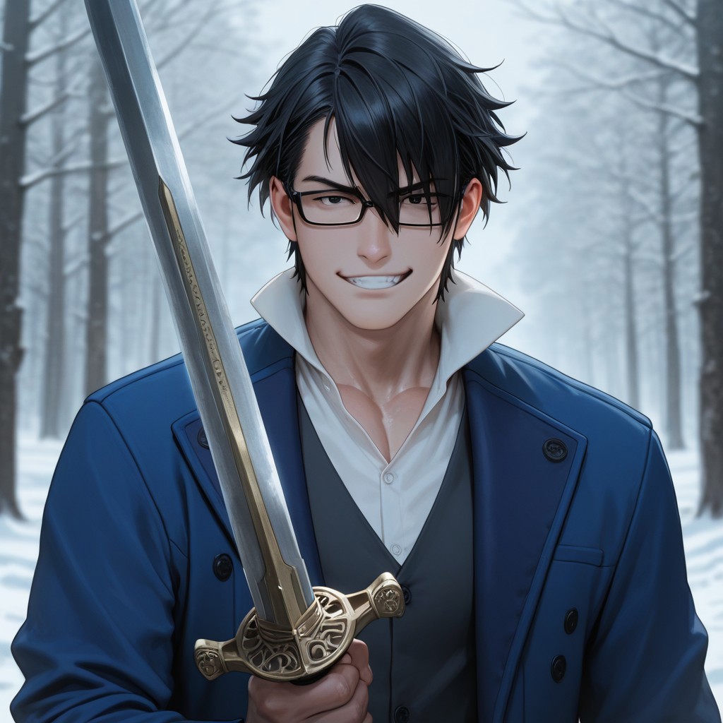 masterpiece, best quality, amazing quality, absurdres, newest, detailed background, definition so sharp, Ultra-HD, 8K cinematic, very awa, impressionate, amazing quality, highres, 
solo, male focus, manly, mature male, bara, charming, cool, badass, cold light, blurry background, outdoor, 
1boy, short hair, glasses, saruhikofushimi, saruhiko_black hair, saruhiko_black eyes, blue coat, collared shirt, upper body, sword,
grin, smirk, excited, upper body, holding sword, looking at viewer, front,
