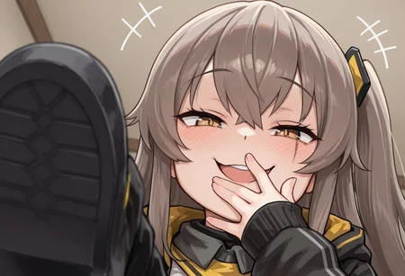 best quality, hires, from below, close up,
1girl, solo, Ump45 \(Girls' Frontline\),
looking at viewer, stepped on,
raised eyebrows, smug, open mouth, mesugaki, hand over own mouth, +++,
