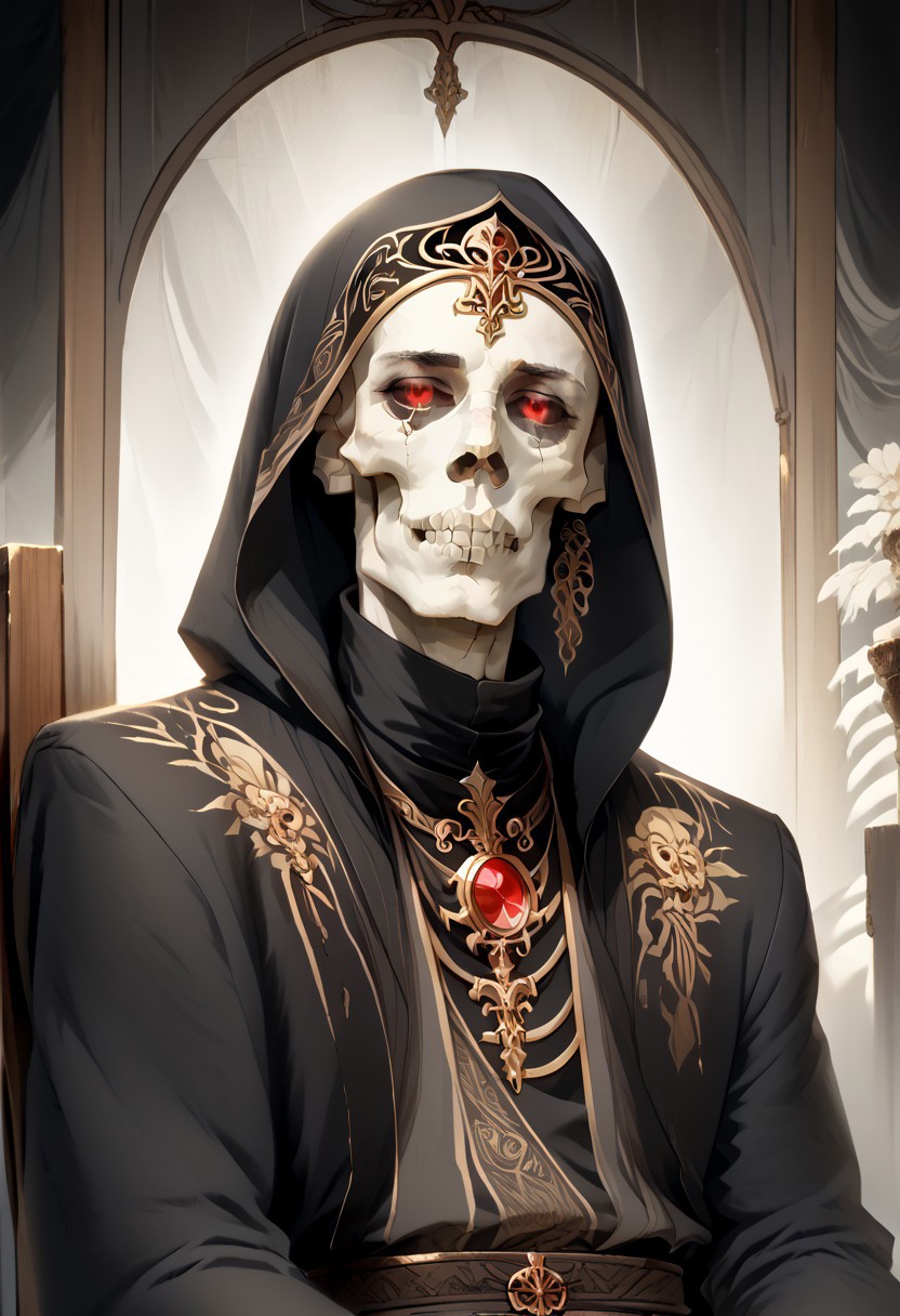 8k, score_9, score_8_up, score_7_up, Art Noveau, masterpiece, 1man (skeleton), (skull face), empty eye sockets, glowing red eyes, grey skin,
intricate black robe, intricate gold sash, black pants, black hood, gold trim, black capelet, high collar, no ears, long sleeves, long intricate gloves, emerald amulet. bracers,
sitting on throne, dark ruined palace, indoors,
1dk, portrait, Art Noveau, Noveau, skeleton, glowing eyes, black sclera, empty eyes, FFAOR, sharp_LASCALAE, ultra sharp focus,