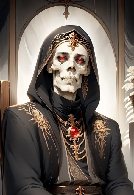8k, score_9, score_8_up, score_7_up, Art Noveau, masterpiece, 1man (skeleton), (skull face), empty eye sockets, glowing red eyes, grey skin,
intricate black robe, intricate gold sash, black pants, black hood, gold trim, black capelet, high collar, no ears, long sleeves, long intricate gloves, emerald amulet. bracers,
sitting on throne, dark ruined palace, indoors,
1dk, portrait, Art Noveau, Noveau, skeleton, glowing eyes, black sclera, empty eyes, FFAOR, sharp_LASCALAE, ultra sharp focus,