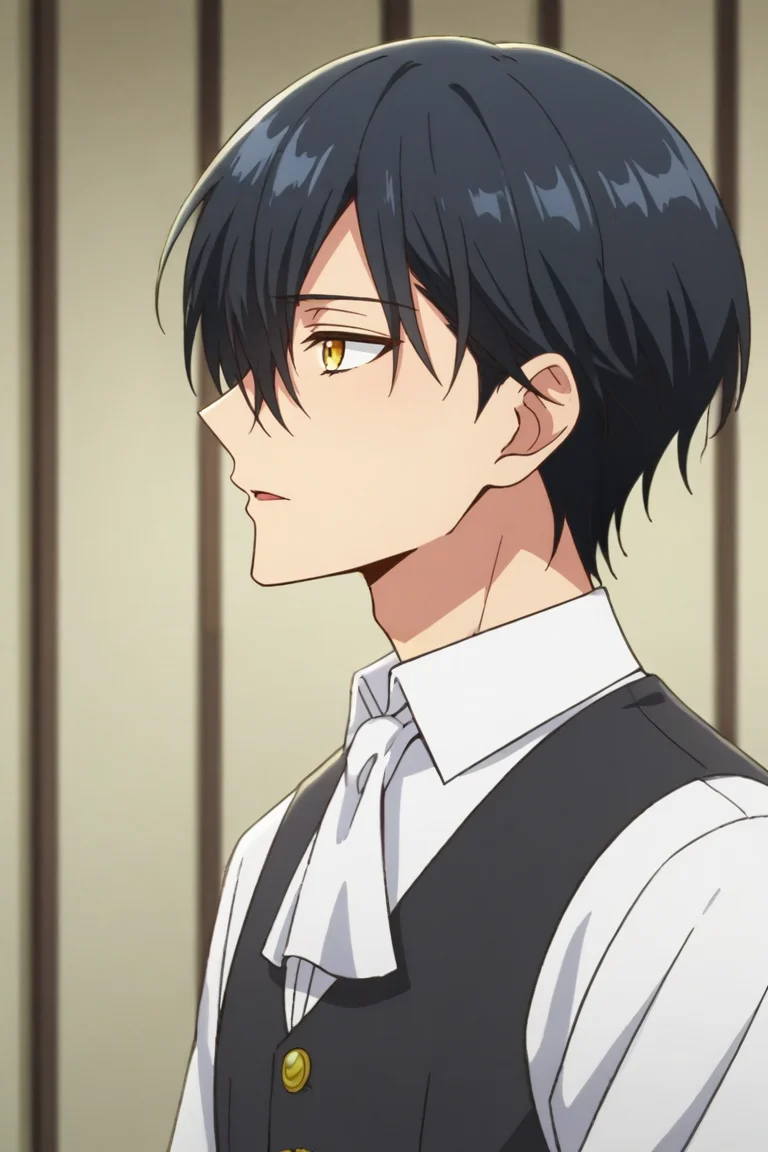 score_9, score_8_up, score_7_up,score_6_up,score_5_up,score_4_up,source_anime,BREAK, rating_safe, intricate details , , , anime screencap, anime coloring, official style, depth of field,1boy, solo, male focus , , , <lora:noah_wynknight:0.73>,noah wynknight,black hair,golden eyes,short hair,bangs,hair between eyes,shirt, white shirt, upper body, parted lips, collared shirt, vest, from side, ascot, profile, portrait,indoors , , ,<lora:sdxl_lightning_8step_lora_315544:1>