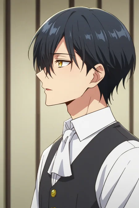 score_9, score_8_up, score_7_up,score_6_up,score_5_up,score_4_up,source_anime,BREAK, rating_safe, intricate details , , , anime screencap, anime coloring, official style, depth of field,1boy, solo, male focus , , , <lora:noah_wynknight:0.73>,noah wynknight,black hair,golden eyes,short hair,bangs,hair between eyes,shirt, white shirt, upper body, parted lips, collared shirt, vest, from side, ascot, profile, portrait,indoors , , ,<lora:sdxl_lightning_8step_lora_315544:1>