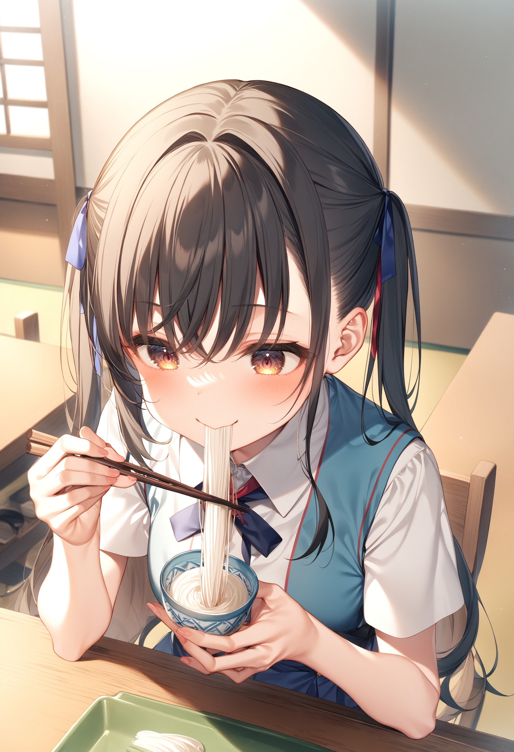 1girl, sincos, ningen mame, toosaka asagi,<lora:sdxl2-flat2-512b:-1>,medium breasts,school uniform, short sleeves,brown hair, brown eyes,
soumen, chopsticks, holding bowl, sitting,day, table, indoors, <lora:soumen_XL_v1:0.8>
from above, portrait, looking down, teasing smile, closed mouth,
masterpiece,best quality, very aesthetic, absurdres,