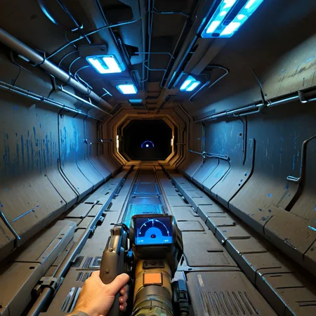 crawling through a metal ductway with a m314mtn blue glow, m314mtn, holding_tracker, holding, pov, trackerscreen