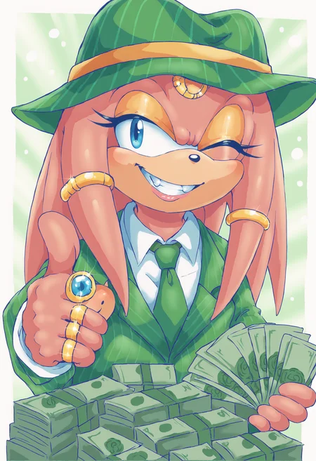 score_9,score_8_up,score_7_up, sonic \(series\), <lora:Aurora_the_Echidna2:0.8>, Aurora the Echidna, mobian echidna, 1girl, solo, <lora:gangstersb-guy-PONYv1:1>, gangstersb, thumbs up, one eye closed, grin, smile, money, holding money, portrait, cropped torso, ring, formal, hat, green headwear, necktie, suit, striped, looking at viewer