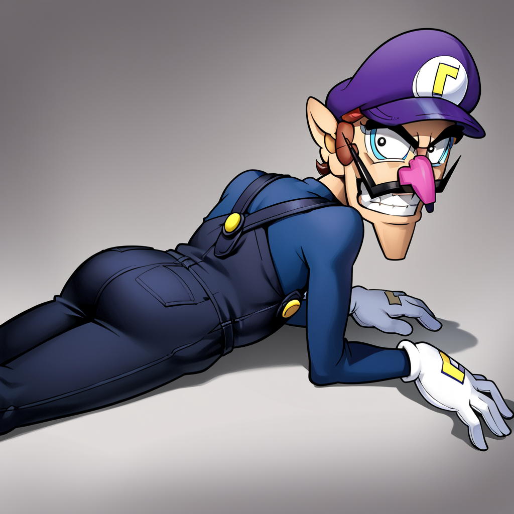 score_9, score_8_up, score_7_up, score_6_up, score_5_up, (waluigi:1.2), navy overalls, black shirt, purple Γ cap, (back:1.2), turned to face viewer, evil grin, looking back, sitting, rating safe, dark, (official Nintendo artwork:1), solo, white gloves