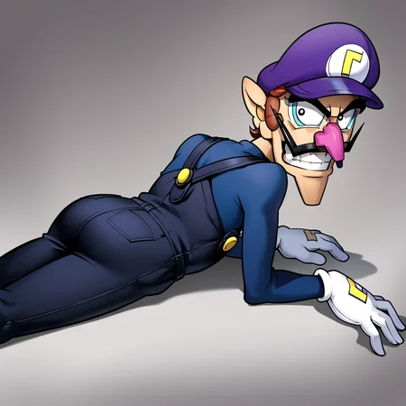 score_9, score_8_up, score_7_up, score_6_up, score_5_up, (waluigi:1.2), navy overalls, black shirt, purple Γ cap, (back:1.2), turned to face viewer, evil grin, looking back, sitting, rating safe, dark, (official Nintendo artwork:1), solo, white gloves