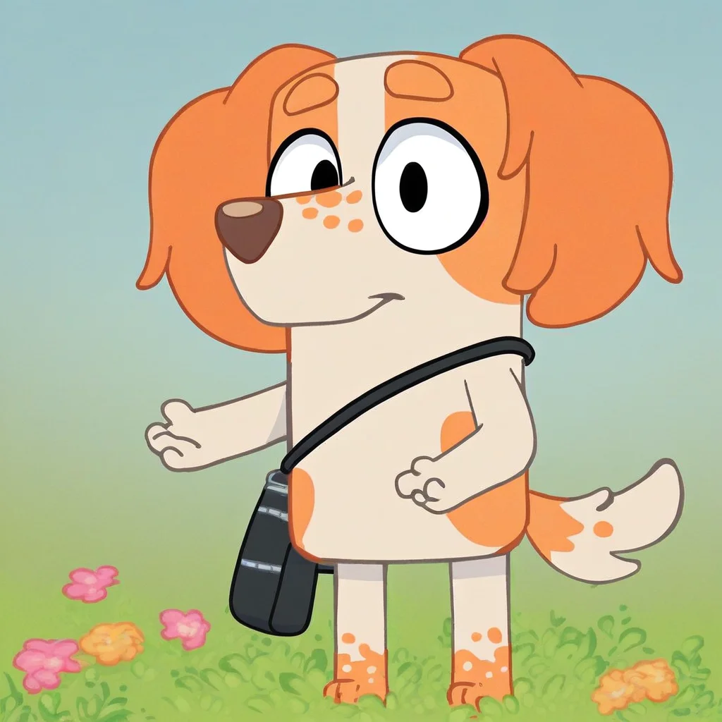 score_9, score_8_up, score_8, score_7, source_cartoon, Mia(B), Solo, 1girl, anthro, furry female, dog, dog girl, English setter, orange and white fur, black eyes, thick eyebrows, black nose, dog ears, dog tail, shoulder strap, handbag, looking at viewer, full body, smiling, standing, flower field background
