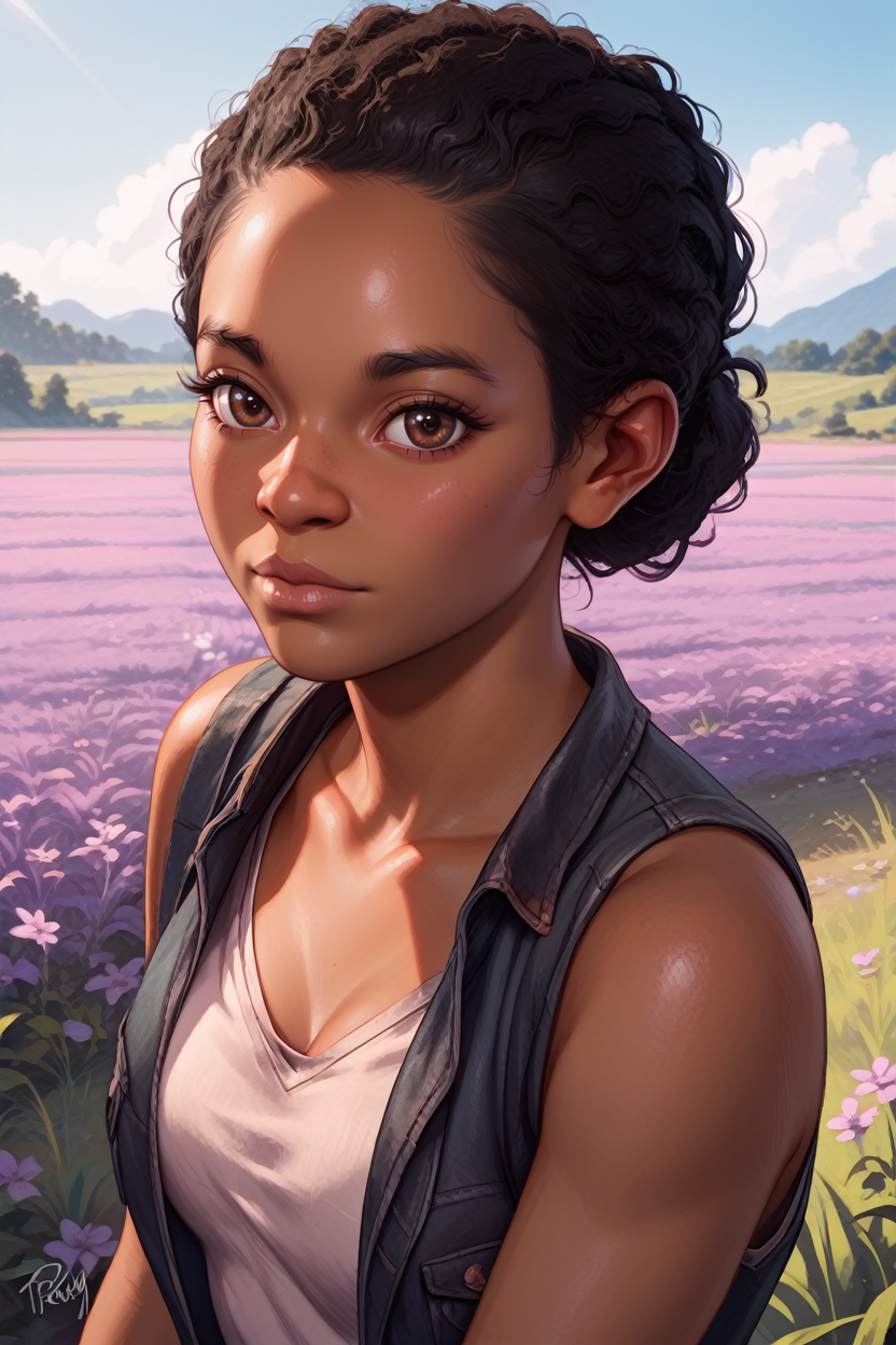 score_9, score_8_up, score_7_up, score_6_up
<lora:TLOURiley:1.0>
TLOURiley, 1girl, dark skin, black hair, brown eyes, looking at viewer, lavender field, midday, bright and vibrant with a sea of purple blooms