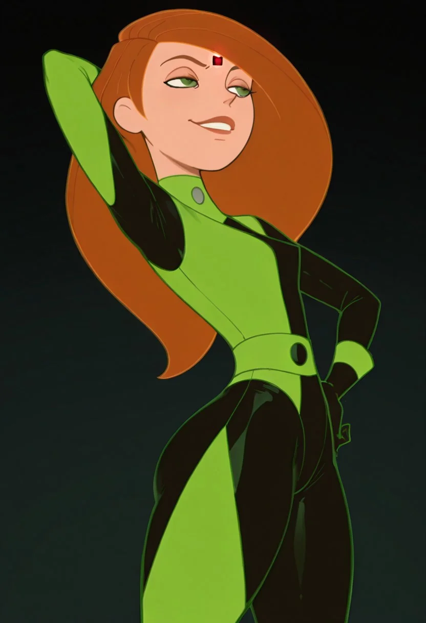 1girl, solo, masterpiece, best quality, amazing quality, absurdres BREAK mind control chip, kim possible, ginger hair, long hair, green eyes, forehead ornament, glowing red light, skinny, black and green bodysuit, two-toned uniform, gloves, green belt, evil eyes, smug, alluring, posing, dynamic pose, sexy, alluring, one hand behind head, one hand on hips, hips to side, wide hips, bubble butt, curvy, small breasts, dynamic pose, sexy,