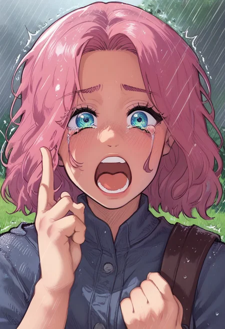 score_8_up, score_7_up, score_6_up, score_5_up, ((adult, cinematic: 1,2, dark theme), dramatic lighting, 1girl, tanlines, wavy bang, cotton vest, blue shirt with twitter icon, cotton pants, grass, violet field, (despair, crying, screaming, muryokusho, rain outside), light pink blue green, (masterpiece))