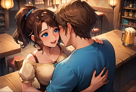 score_9, score_8_up, score_8_up, 1girl, sexy 20yo white caucasian girl, happy, smiling, friendly, girl standing, (((fantasy adventurer))),  (brown hair), ponytail, bangs, sidelocks, short hair, freckles, blue eyes(medium breasts;1.3)  narrow source comic book, pastel colors, high res image, masterpiece, fantasy town, sitting in a pub, listening intently, flirting, elbows on table, pushing hair out of face, 1man, dark hair man, interracial, sitting together, corner booth, private, couple, ((man face out of frame)) , from above angle, beer on table, man arm wrapped around woman, embrace, cozy, man leaning back, kiss from behind,