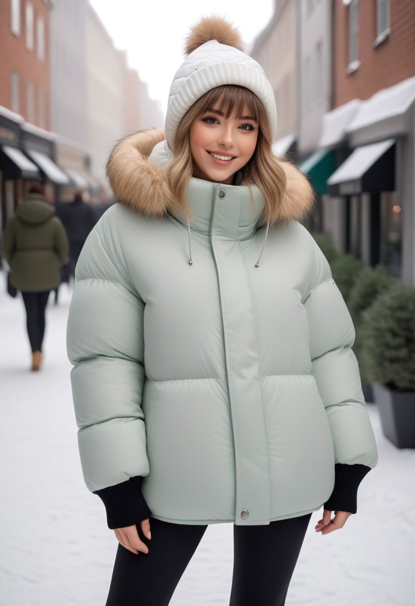 (white quilted down coat:1.4), (white quilted puffer coat:1.4), (white quilted winter clothes:1.4), (puffer hood up:1.4), (down hood up:1.4), (very snowing, very cold:1.4), (full body, ankle winter boots:1.4), (city, street, winter, snow:1.4), (snowing clothes:1.4), walking, daytime, sun, sunlight, (leggings:1.4), thigh boots, green eyes, tsurime, blonde hair, streaked hair, medium hair, light smile, straight hair, dyed bangs, sidelocks, beanie, eyelashes, eyeliner, masterpiece, high quality, best quality, beautiful lighting, realistic lighting, beautiful eyes, beautiful hair, beautiful face, detailed face, high quality face, realistic background, detailed background, (hands behind back:1.5), (from front:1.5), cuffs, collar, (Thick padded cuffs:1.4), (Thick padded collar:1.4), <lora:Collar-SDXL:0.75>, <lora:Cuffs-SDXL:0.75>, <lora:fashion_lora:0.6>