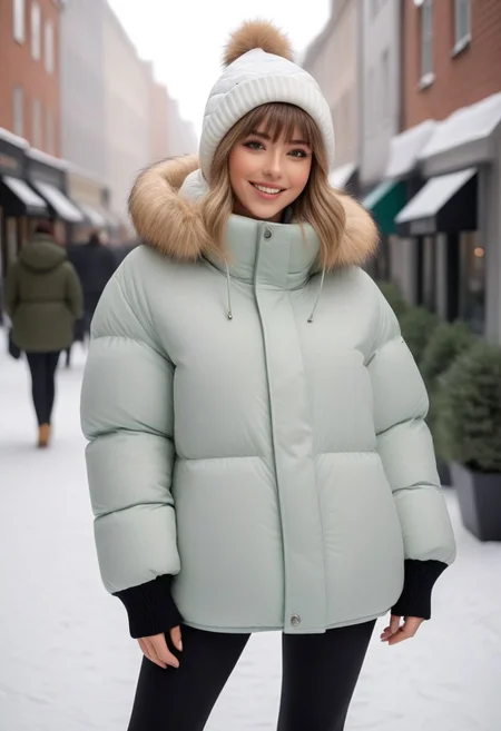 (white quilted down coat:1.4), (white quilted puffer coat:1.4), (white quilted winter clothes:1.4), (puffer hood up:1.4), (down hood up:1.4), (very snowing, very cold:1.4), (full body, ankle winter boots:1.4), (city, street, winter, snow:1.4), (snowing clothes:1.4), walking, daytime, sun, sunlight, (leggings:1.4), thigh boots, green eyes, tsurime, blonde hair, streaked hair, medium hair, light smile, straight hair, dyed bangs, sidelocks, beanie, eyelashes, eyeliner, masterpiece, high quality, best quality, beautiful lighting, realistic lighting, beautiful eyes, beautiful hair, beautiful face, detailed face, high quality face, realistic background, detailed background, (hands behind back:1.5), (from front:1.5), cuffs, collar, (Thick padded cuffs:1.4), (Thick padded collar:1.4), <lora:Collar-SDXL:0.75>, <lora:Cuffs-SDXL:0.75>, <lora:fashion_lora:0.6>