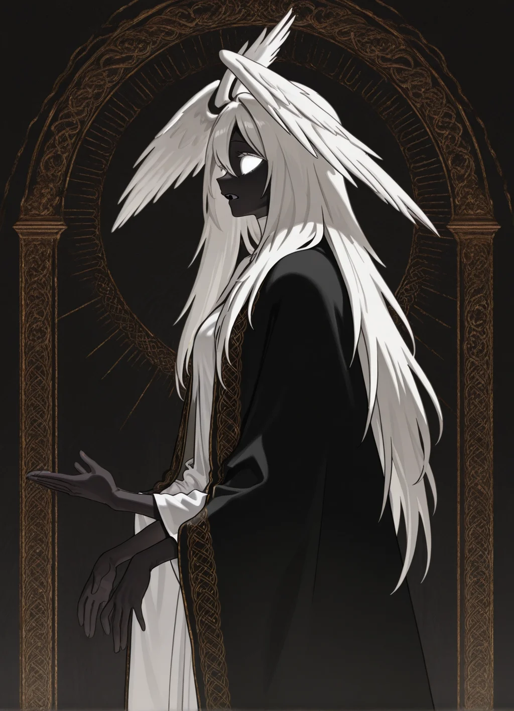 masterpiece, best quality,1girl, miria, white eyes, white hair, long hair, head wings, colored skin, standing, open mouth, from side,4 arms,extra arms,  <lora:Miria:1>