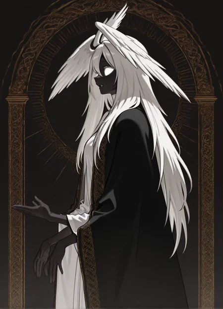 masterpiece, best quality,1girl, miria, white eyes, white hair, long hair, head wings, colored skin, standing, open mouth, from side,4 arms,extra arms, <lora:Miria:1>