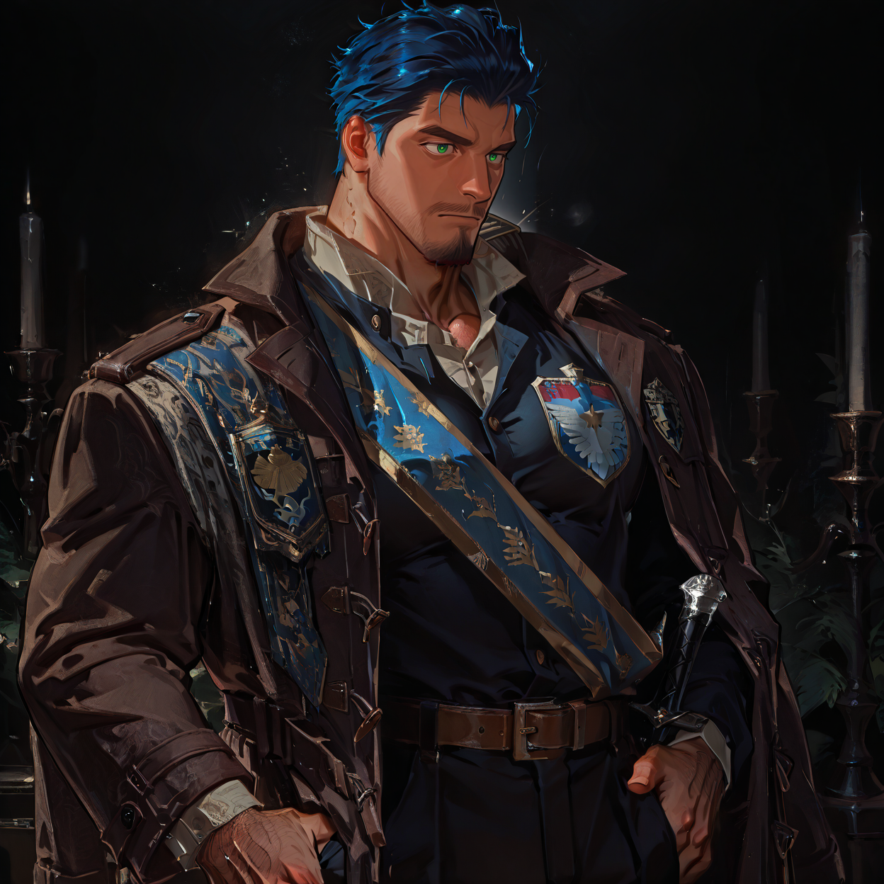 <lora:Ankh__Alchemist_Code:.75>, tagatameankkh, ankkh_blue hair, ankkh_green eyes, 1boy, short hair, solo, male focus, manly, bara, muscle body, mature male, coat, emblem, shirt, long sleeves, sash, belt, pants, shoes,
{upper body|cowboy shot}, 
(very short hair), male focus, muscular male, large pectorals, muscular male, bara, mature, (hairy body, hairy, body hair, arm hair, leg hair, hairy body, glossy skin, bara, mature, facial hair, beard, full beard, sideburn, mustache, stubble), facial hair, bara, mature, body hair, aixiwuganda_(20222192), very awa, masterpiece, best quality, absurdres, newest, perfect quality, detailed background, intricate details,<lora:slider_Body Type_alpha1.0_rank4_noxattn_last:2><lora:Anime Summer Days 2 Style SDXL_LoRA_Pony Diffusion V6 XL:.6><lora:merged:.7>, DARK, DARK BACKGROUND, LOW-KEY LIGHTING <lora:slider_cfg_scale_boost:.7><lora:Artist6p:.55>, Artist6p, Artist04p,<lora:slider_il_brightness_slider_d1:-.5><lora:slider_il_contrast_slider_d1:-.25>,<lora:slider_contract_controller_illus01_v1:.3>, <lora:addon_illustriousXLv01_stabilizer_v1.121:.5>,<lora:slider_DarkSlider1.2_alpha1.0_rank16_full_300steps:-.2><lora:Heavenly_Beauty_r1:1>, (heavenlybeauty,)<lora:slider_style_strength_controller_illus01_v1:.25>