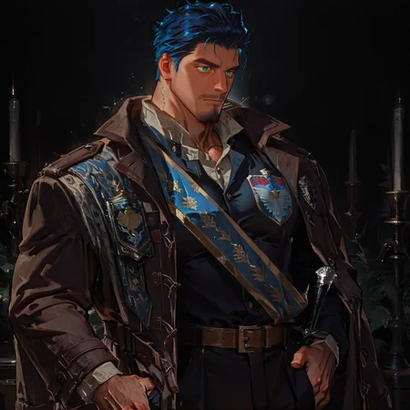 <lora:Ankh__Alchemist_Code:.75>, tagatameankkh, ankkh_blue hair, ankkh_green eyes, 1boy, short hair, solo, male focus, manly, bara, muscle body, mature male, coat, emblem, shirt, long sleeves, sash, belt, pants, shoes,
{upper body|cowboy shot}, 
(very short hair), male focus, muscular male, large pectorals, muscular male, bara, mature, (hairy body, hairy, body hair, arm hair, leg hair, hairy body, glossy skin, bara, mature, facial hair, beard, full beard, sideburn, mustache, stubble), facial hair, bara, mature, body hair, aixiwuganda_(20222192), very awa, masterpiece, best quality, absurdres, newest, perfect quality, detailed background, intricate details,<lora:slider_Body Type_alpha1.0_rank4_noxattn_last:2><lora:Anime Summer Days 2 Style SDXL_LoRA_Pony Diffusion V6 XL:.6><lora:merged:.7>, DARK, DARK BACKGROUND, LOW-KEY LIGHTING <lora:slider_cfg_scale_boost:.7><lora:Artist6p:.55>, Artist6p, Artist04p,<lora:slider_il_brightness_slider_d1:-.5><lora:slider_il_contrast_slider_d1:-.25>,<lora:slider_contract_controller_illus01_v1:.3>, <lora:addon_illustriousXLv01_stabilizer_v1.121:.5>,<lora:slider_DarkSlider1.2_alpha1.0_rank16_full_300steps:-.2><lora:Heavenly_Beauty_r1:1>, (heavenlybeauty,)<lora:slider_style_strength_controller_illus01_v1:.25>