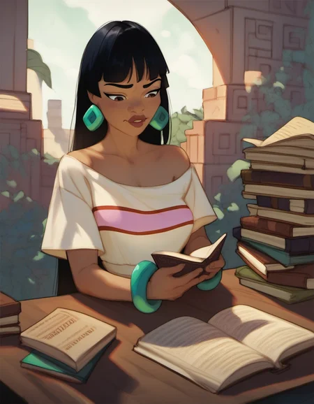 source_cartoon, rating_safe, <lora:Diathorn_SDXL_Pony:1> by Diathorn ,  chel from road to el dorado, sitting behind a desk, reading a book, score_9, score_8_up, score_7_up, score_6_up, score_5_up, score_4_up