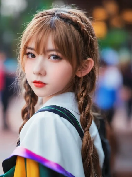1boy, depth_of_field, motion_blur, photo_\(medium\), cosplay_photo, focused, braid, 1girl, bokeh, 3d, photo_background, chromatic_aberration, lips, photorealistic <lora:sysuv9:0.7>