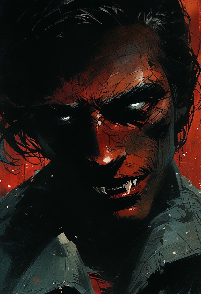 score_9, score_8_up, score_7_up, score_6_up, 1boy, watercolor painting, create photorealistick picture by artist Nischimura Niki  cinema accuracy photo, vampire, white eyes, sinister smile, (fangs), blood, red background, style of Frank Miller