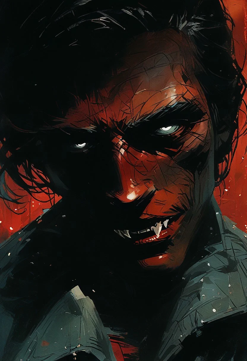 score_9, score_8_up, score_7_up, score_6_up, 1boy, watercolor painting, create photorealistick picture by artist Nischimura Niki cinema accuracy photo, vampire, white eyes, sinister smile, (fangs), blood, red background, style of Frank Miller