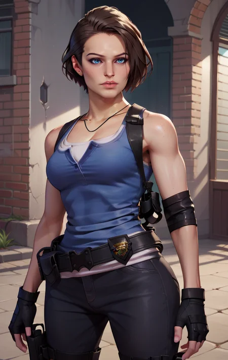 score_9, score_8_up, score_7_up, BREAK <lora:jillSDXL:1> jillvalentineSDXL, 1girl, solo, short hair, chestnut hair, blue eyes, gloves, jewelry, standing, boots, black gloves, belt, pants, fingerless gloves, necklace, black footwear, lips, gun, tank top, realistic, holster, thigh holster, jill valentine, cowboy shot,