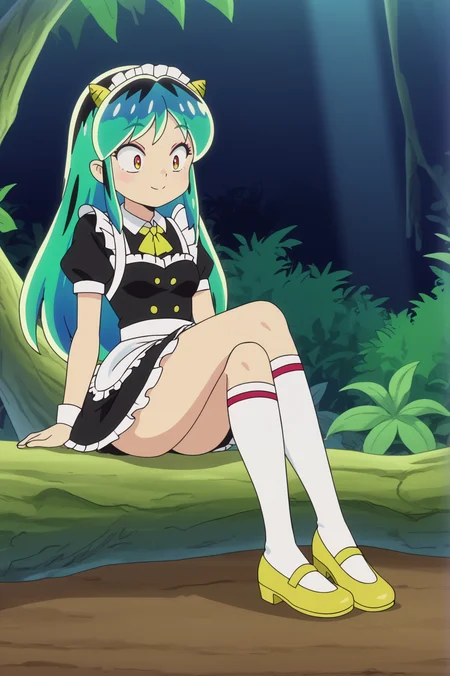 anime screencap, Enchanted forest with vibrant, glowing flora, BREAK anime screencap, Maid Outfit, Lum, light smile, oni horns, Sitting with legs crossed, <lora:Private_Urusei_Yatsura_2022_-Lum-_PDXL_v2:0.8>