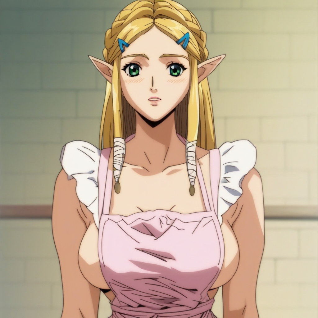 source_anime, GT4ST3, GTaste_Style,((score_9)),score_8_up,score_7_up,score_6_up,score_5_up,score_4_up, retro_artstyle, anime style, 1woman, Princess Zelda, blonde hair, large breasts, green eyes, naked_apron, looking at viewer, facing viewer, masterpiece, best quality, highres, best illumination, depth of field,