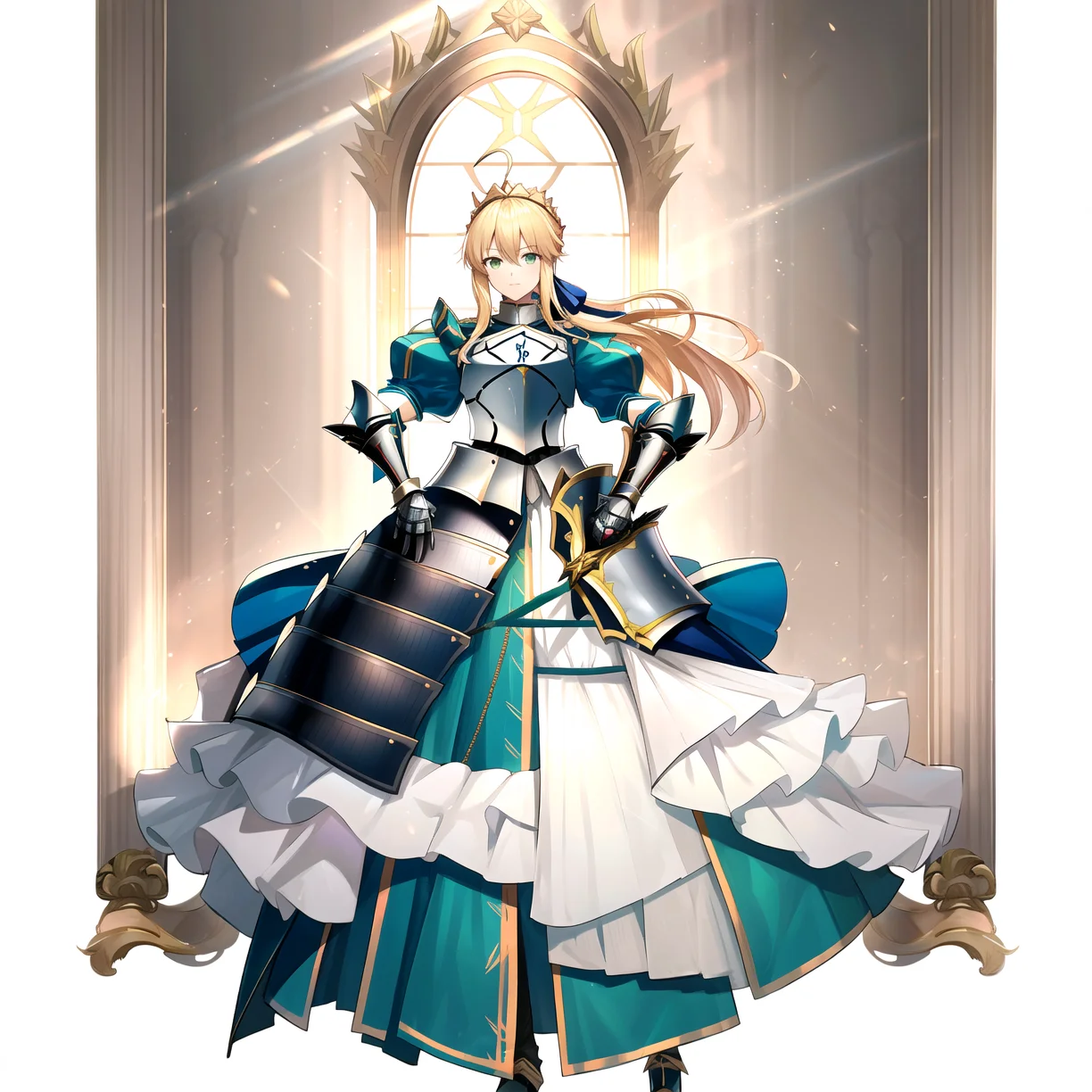 masterpiece, high quality, best quality, absurdres,arknights-style ,1 girl ,full body, artoria pendragon (fate), blonde hair, solo, armor, armored dress, gauntlets, ahoge, dress, green eyes, ribbon, looking at viewer, hair ribbon, blue dress, breastplate, puffy sleeves, beautiful detailed glow,
<lora:arknights-style-000008:0.8>