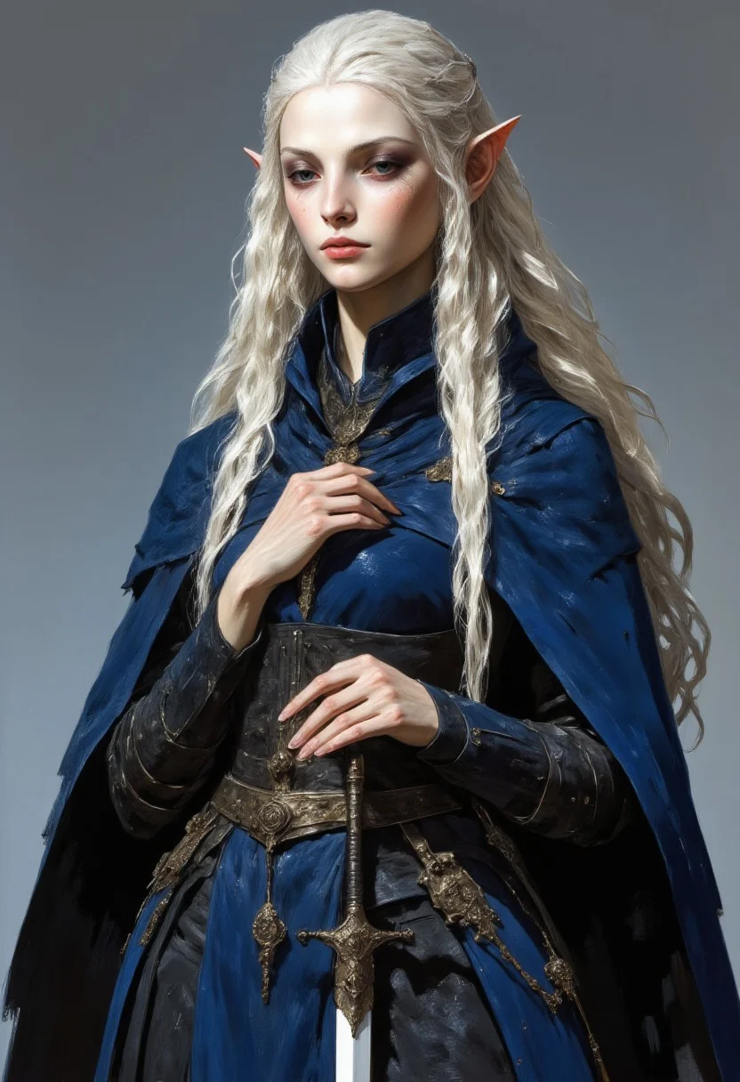 A female elf with the most beautiful face, dressed in layered blue clothes, covered with a dark blue cloak on top. The girl has white very long wavy hair. Her eyelashes are white. The female elf has blue eyes, but her pupils are red. Her appearance is beautiful and ethereal. She holds a white sword in her hands. A playful smile softens her kind face. Innocent, but yet alluringly attractive. She looks incredibly beautiful. She has pointy ears.