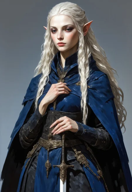 A female elf with the most beautiful face, dressed in layered blue clothes, covered with a dark blue cloak on top. The girl has white very long wavy hair. Her eyelashes are white. The female elf has blue eyes, but her pupils are red. Her appearance is beautiful and ethereal. She holds a white sword in her hands. A playful smile softens her kind face. Innocent, but yet alluringly attractive. She looks incredibly beautiful. She has pointy ears.