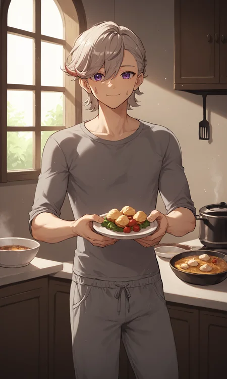 score_9, score_8_up, score_7_up, score_6_up, score_5_up, score_4_up, 1boy, lyney, purple eyes, short hair, grey hair, fully clothed, looking at viewer, standing, smiling, happy, caretaker look, cooking food, eatheral, warm, cozy, indoors, kitchen, table, food, steam, stove, grey shirt, grey sweatpants, skinny, white skin, toned, lifelike pose, sunlight, shadows, sunlight from window, open window, focused, confidant, refreshed,